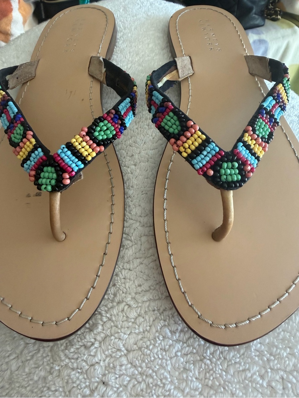 Barneys New York Tan Footbed Beaded Multicolor Thong Sandals